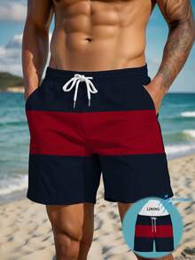Shorts masculinas de verão com estampa, cintura com cordão, bolso diagonal, estilo havaiano, secagem rápida, forro de tela dupla, estampa de arte 3D em cores contrastantes, moda casual, traje de praia - Multicolorido - Visão 2