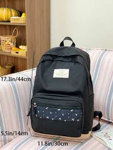 Contrast Color Patchwork Casual Zipper Closure Backpack, Suitable For Students, School, Outdoor Activities, Youth' - Black - View 3