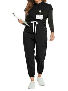 Cimmuovere Mono de talla grande con manga corta, cintura anudada, pliegues, cremallera y cuello alto - Negro - Ver 5