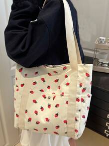 Bolso de hombro con estampado de fresa sencillo para mujeres, bolso de tela tipo tote de gran capacidad para viajes, vacaciones y uso al aire libre, bolso casual y versátil con múltiples bolsillos y asa superior de pana, bolso ligero y portátil para compras diarias y uso diario.