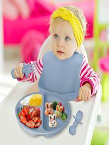 Juego de alimentación de bebé de silicona con divisor de ventosa, juego de tabla de cubiertos autoalimentable para niños pequeños con cuchara, tenedor, taza para sorber y babero - Azul - Ver 10