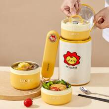 便携式 304 不锈钢保温饭盒，带餐具和午餐袋，可爱图案防漏便当盒，可微波炉加热和热水加热，隔热防烫午餐盒，可重复使用的水果沙拉食品储存容器，适合学生和成人在学校、办公室、户外露营、野餐、旅行中使用