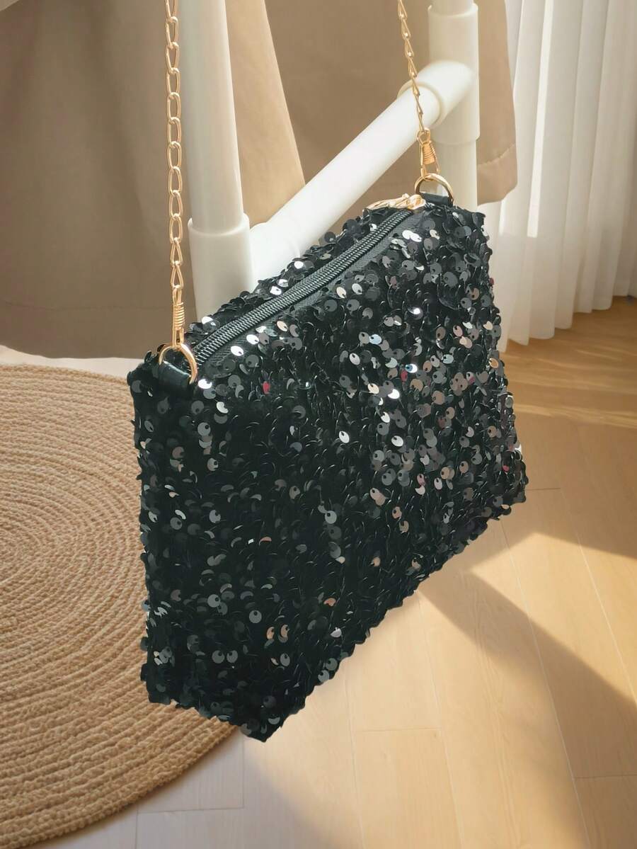时尚亮片长方形斜挎包，适合女士，独特个性化拉链开合，小巧设计，链条单肩包，手拿包 - 黑色 - 查看 1