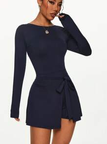 Women's Summer Anti-Exposure Tight Sports Dress, Sexy Slit Lace-Up U-Back Tennis Skirt - Navy Blue - View 2