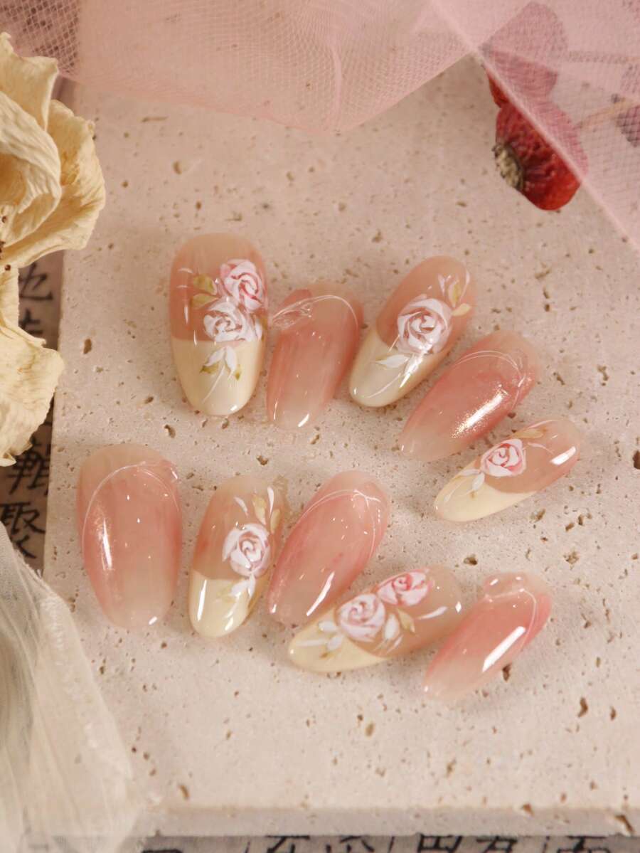 XEERCOOU 10pcs Press On Nails Short Acrylic Nail Kit Cute Acrylic Press On Nails French Style Rose White Irregular Stone Nails Artificial Nails Kit Includes 1sheet Adhesive Tabs &1 Pc Mini File - Multicolor - View 1