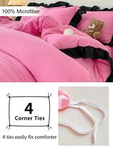3pcs Bright Pink Polyester Duvet Cover Set, Black Ruffle Lace, Modern Cute Bedding Set, King Size, Suitable For All Seasons, Soft & Breathable (1 Duvet Cover + 2 Pillowcases, Excluding Filler) - Hot Pink - View 6