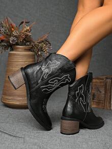 Women's Classic Western Cowboy Boots, Vintage Embroidered Pattern, Comfortable Chunky Heel, Mid-Calf, Suitable For Autumn/Winter Casual & Daily Wear, Black Fashion Boots, Premium Leather Material, Western Style,Cowgirl Boots,Coachella - Black - View 5