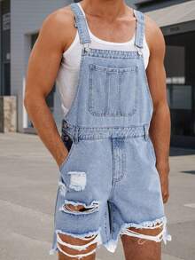 Men Denim Bib Overalls Shorts Adjustable Straps Front Pocket Romper Ripped Jeans Jumpsuit - Baby Blue - View 3