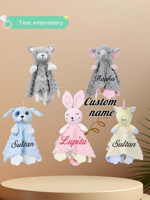 1pc Customized Text Embroidered Animal Shaped Comforter Blanket Toy, Personalized Name Toy Decor, Cute Animal Silicone Teething Comforter Blanket Toy For Children, Emotional & Visual Development, Crawling & Hand-Eye Coordination Skill Training, Non-Shedding, Soft Fabric, Odorless, Gift For New Moms, Pregnant Girl, Sons, Daughters, Reusable, Ornamental,Toys & Games, Customized Creative Ornament