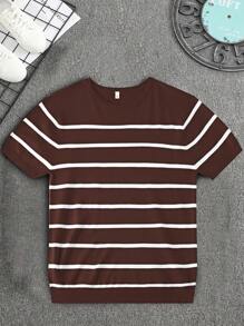 Tricou tricotat cu dungi și guler rotund, simplu și la modă, casual, de zi cu zi