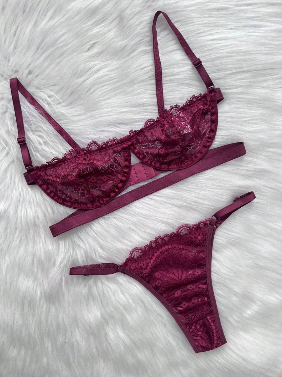 Mit. Lingerie Gringa Sexy Lingerie Set Half Cup Bra With Underwire And Adjustable Lace Panties - Màu Đỏ Sâu - Xem 1