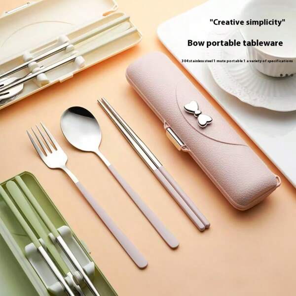Set de 2/3 piezas de cubiertos elegantes con lazo: tenedor, cuchara y palillos, de acero inoxidable 304 reutilizable y portátil, adecuado para estudiantes, uso al aire libre, viajes, hogar, decoración de mesa, útiles escolares