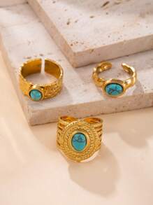 3pcs Vintage Boho Turquoise Ring Set, Fashion Personalized Rings For Women, Antique Bohemian Style Jewelry, Suitable For Daily And Party