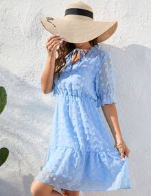 Women's Short Sleeve Swiss Dot V Neck Dress Casual A Line High Waist Dress Summer Solid Ruffle Mini Dress - Blue - View 6