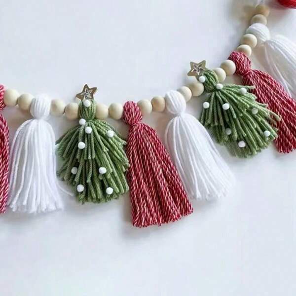 A Handmade Bohemian Style Rashi Ornaments - Nordic Wool Beads, Green And Pink Pompom Tassels, Holiday Celebration Christmas Fireplace Wall Decoration, Handmade Wooden Beads Ornaments Christmas Ornaments Holiday Decorations Home Atmosphere Decoration
