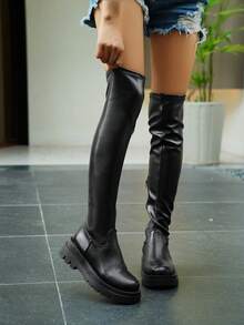 planare Giày bốt da cao đến đầu gối màu đen dành cho nữ, thiết kế đế dày tạo điểm nhấn cá tính, lý tưởng cho phong cách punk và biker, kiểu bốt thời trang. - màu đen - Xem 9