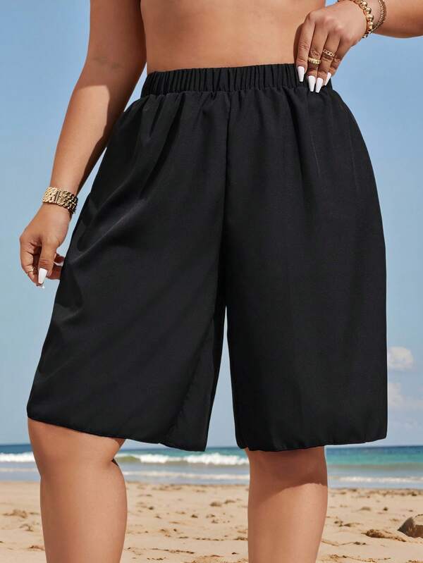 Swim Lushoire Plus Size Women Solid Color Knee Length Casual Beach Shorts