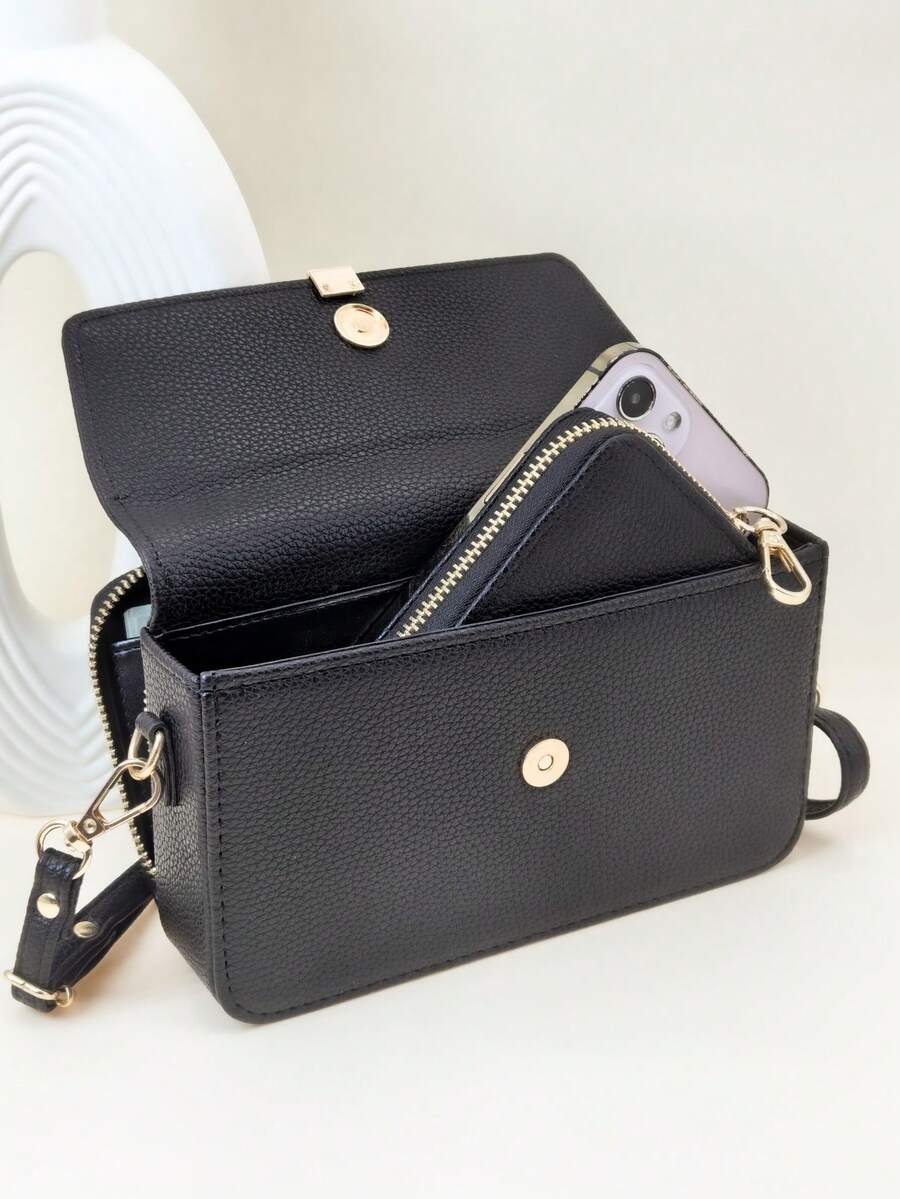 Mini cartera bandolera para teléfono, cartera de teléfono con cierre de cremallera de moda de PU suave, multifunción de gran capacidad, set de 2 piezas de cartera de teléfono y portacartas de gran capacidad - Negro - Ver 1