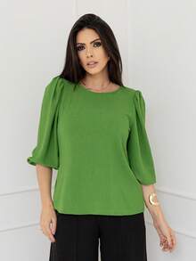 Women's Blouse With 3/4 Sleeves In Plain Dune Fabric - 橄欖綠 - 查看 2