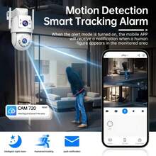 5MP 户外 Wi-Fi 智能双摄像头系统宠物、老人和保姆监控夜视双向音频通信 IP66 防水等级自动跟踪 360° 平移倾斜存储卡和云存储 Type-C 供电安全监控设备注意：随附的 64GB 存储卡（实际可用容量 58.2GB）为单张存储卡，不包含监控服务。