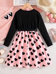 Váy xuân thu đơn giản đa năng cho bé gái, Áo dài tay cổ tròn màu trơn cho bé gái lớn in họa tiết trái tim, Váy dài ngang gối thoải mái khi mặc ngoài trời, Trang phục phong cách đường phố cho bé gái - màu đen - Xem 2
