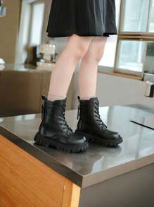 1 Pair Kids' Side Zipper Decorated Boots, PU Material, Comfortable, Mid-Top Lace-Up, Thick Sole, Fashion Work Boot Style, Suitable For Daily And School Wear