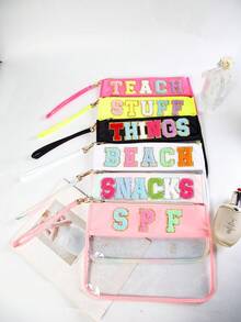 3pcs Bestselling Embroidered Letter Makeup Bag, Transparent PVC Waterproof Handheld Toiletry Pouch Zipper Bag - Multicolor - View 2