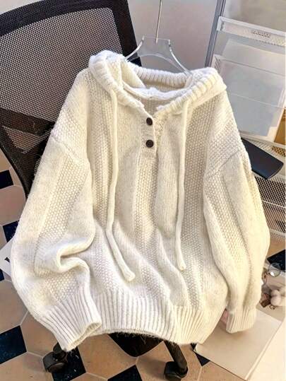 Women's Casual Hooded Knit Cardigan, Loose Long Sleeve With Front Pockets, Adjustable Drawstring Hood, Simple Design, Comfortable Pullover Sweater, Autumn/Winter