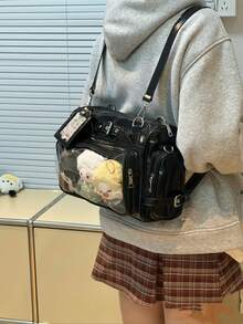 新款日系PU皮Y2K心形链条透明徽章包，休闲简约街头风多功能大容量单肩斜挎包，可装杂物、挂钥匙、收纳明信片 - 黑色 - 查看 4