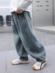 Jeans dritti e morbidi per ragazzi, adatti per uso quotidiano, scuola, abbigliamento casual all'aperto, autunno