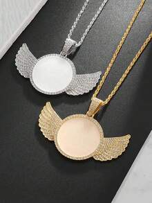 Personalized Rhinestone Studded Angel Wings Photo Necklace, Custom Photo Necklace, Hip Hop Photo Pendant, Iced Custom Round Photo Pendant, Silver, Stylish, Colorful, Vintage, Simple, Unisex, Casual, Cuties, Custom, Personalized, Unique, Ideal Gifts For Him, Ideal Gifts For Her, Her, Boyfriend, Girlfriend, Dad, Mom, Family, Friends, For Anniversaries, For Birthdays, For Graduation, For Prom, For Party, Stainless Steel Jewelry,Chic Autumn,Silver Stylish - Multicolor - View 5