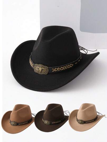 En retro western cowboyhatt, lämplig för både män och kvinnor. En klassisk bredbrättad filt-polyester 100% neutral hatt, utrustad med metalltjurhuvudtråd sammanflätade remtillbehör, förstärkta hårda kanter, perfekt för fester, rollspel eller som present.
