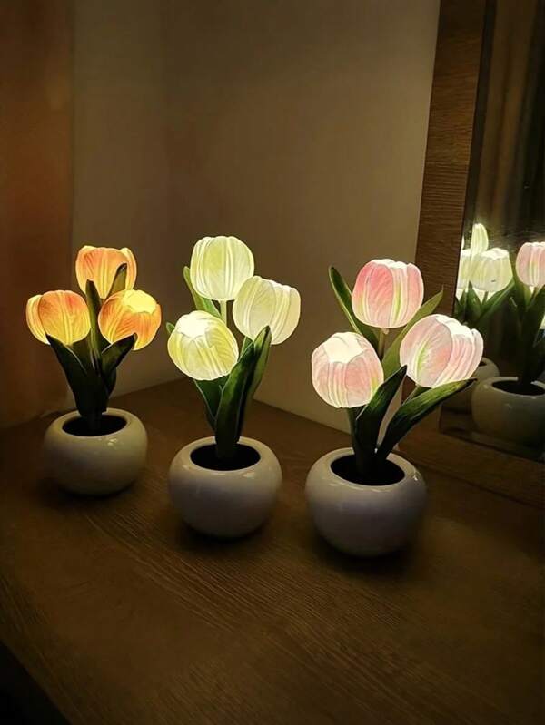 1 pieza Luz nocturna LED con tulipán, lámpara de escritorio que simula un tulipán, luz nocturna pequeña, sin batería requerida, lámpara con ramo de flores, decoración iluminada con alimentación USB para dormitorio, sala de estar, oficina, cumpleaños, festividades