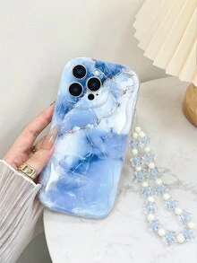 奶油色波浪边亮面蓝色大理石纹彩绘防摔手机壳，配手工串珠手链配件 - 彩色 - 查看 5