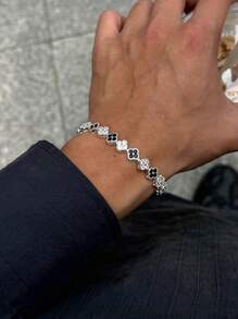 1pc Fashionable Colorful Four-Leaf Clover Copper Zirconia Bracelet For Men, Punk Hip-Hop Men's Bracelet, Suitable For Daily Wear