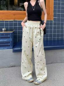2025 Spring And Autumn Fashion Lace Ribbon Bowknot Print Wide Leg Pants, Suitable For Women In Spring, Autumn, Halloween, Christmas, Saudi National Day, New Year