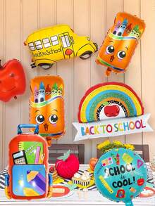 9 件套欢迎返校铝箔气球套装，包含背包、校车、铅笔盒、红苹果铝箔气球，适合返校季、开学第一天、欢迎老师、教室派对装饰 - 彩色 - 查看 1
