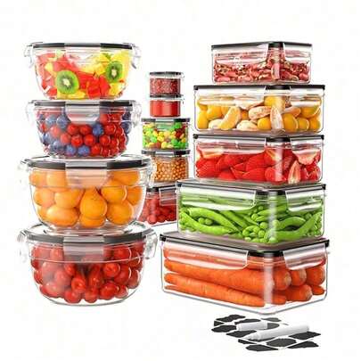 6/12/24/56pcs Sealed Food Storage Container Set, Equipped With Easy-To-Close Lid Plastic Containers, Suitable For Picnics, Camping, Offices And Schools - Keep Your Food Fresh And Orderly, Kitchen Storage, Including Pens And Labels.