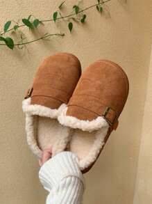 XIXITIAO 1双女士秋冬简约抽绳金属扣复古休闲一脚蹬乐福鞋，毛绒鞋头，浅棕色 - 棕色 - 查看 4