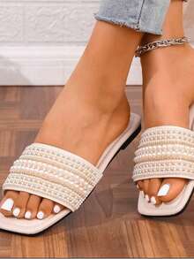 女士新款米色方头平底拖鞋，珍珠和水晶装饰，时尚优雅，百搭，适合夏季外出、约会、聚会、婚礼 - 米色 - 查看 10