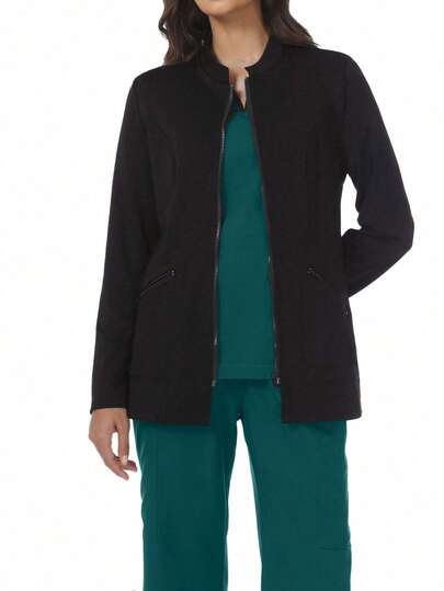 Casual Commuting Long Sleeve Zip-Up Collar Pocket Scrubs Nurse Workwear Jacket Lab Coat For Dentist, Healthcare, Pet Hospital, Laboratory