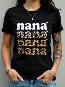 Camiseta de Mujer 180g Negra de Algodón con Cuello Redondo, Estilo Casual y Moderno, Diseño de Letras "Nana" con Estampado de Leopardo, Manga Corta Ideal para Todas las Estaciones, T-shirt Básica y Cómoda para el Día a Día - Negro - Ver 1