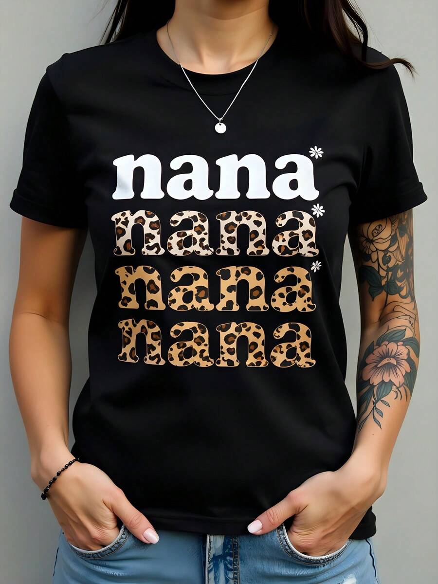 Camiseta de Mujer 180g Negra de Algodón con Cuello Redondo, Estilo Casual y Moderno, Diseño de Letras "Nana" con Estampado de Leopardo, Manga Corta Ideal para Todas las Estaciones, T-shirt Básica y Cómoda para el Día a Día - Negro - Ver 1
