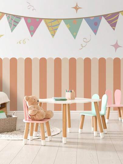 多色垂直条纹弧形壁纸幼儿园儿童墙面艺术儿童房客厅家居装饰防水即撕即贴
