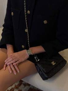 女式纯色粗花呢圆领口袋前扣休闲夹克 - 黑色 - 查看 4