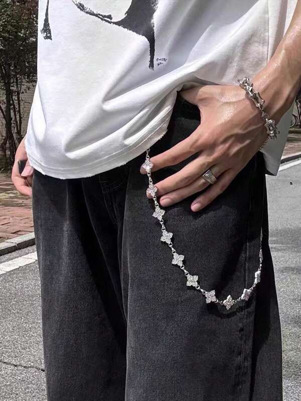 1 buc. Lanț de pantaloni argintiu pentru bărbați, cu trifoi cu patru foi