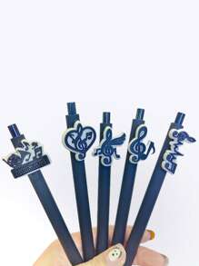 5/10/20pcs Music Note Series Retractable Ballpoint Pens, Medium Point, Plastic Black Barrel With Random Music-Themed PVC Soft Rubber Decals School Supplies,Back To School