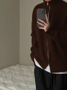 Men's Crew Neck Long Sleeve Front Open Chain Cardigan Sweater, Versatile Daily Wear Knit Top