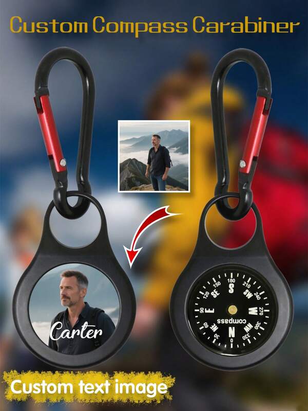 Porte-clés Boussole Personnalisé avec Photo et Texte, Porte-clés Boussole Noire, Boussole Photo Personnalisée, Cadeau d'Anniversaire pour Randonneurs, Cyclistes, Amateurs de Plein Air, Essentiels de Voyage
