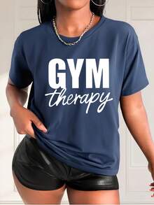 Women'S 100% 200g Printed T-Shirt  Round Neck Comfortable And Breathable  Available In Black, White, And Royal Blue  GYM Therapy Print  Ideal For Gym And Casual Wear - 寶藍色 - 查看 1